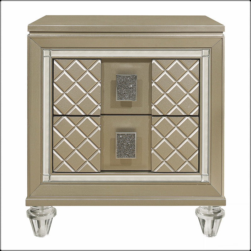Table de chevet à finition glamour avec 2 tiroirs, pieds en acrylique et garniture de miroir biseauté pour un décor de chambre à coucher de luxe