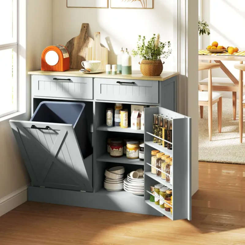 Armoire poubelle Grey Farmhouse Tilt Out, capacité de 10 gallons avec 2 tiroirs et tablettes de rangement