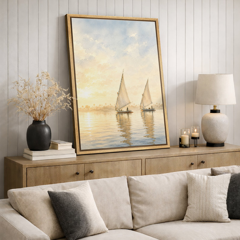 Voiliers dorés sur une eau tranquille, art de salon, impression sur toile encadrée, H 36 po x l 24 po x P 1,5 po