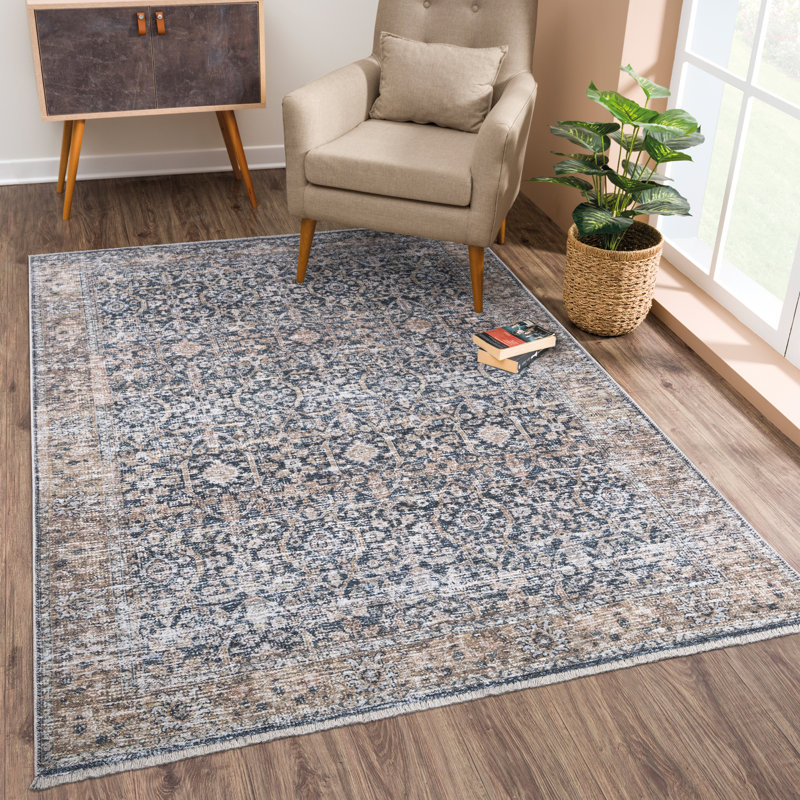 Tapis traditionnel lavable antidérapant 2 x 3 - bleu foncé / brun clair, Rectangulaire 2 pi x 3 pi