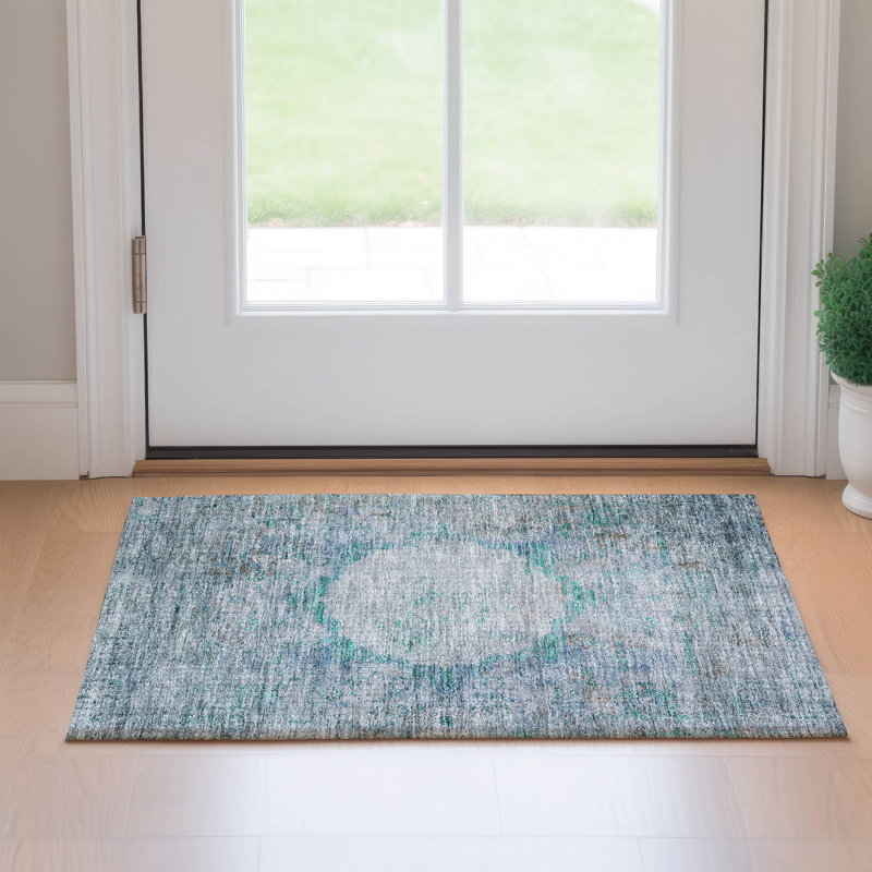 Premium Machine Washable Prisco Teal Rug, Rectangle 1'8" x 2'6"