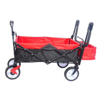 Folding Wagon Collapsible Outdoor Utility Wagon, Heavy Duty Folding Garden Portable Hand Cart, Drink Holder, Adjustable Handles(Black+Red Colour)