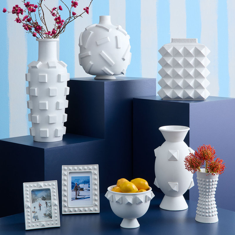 Charade Matte Porcelain Round Vase with Hand-Carved Details