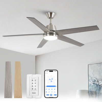 Ventilateur de plafond intelligent à intensité variable de 52 po avec 3 lumières à DEL CCT, APP et télécommande, moteur à courant continu réversible à 6 vitesses, pales de bois à double face, minuterie, tiges verticales de 6 po / 10 po