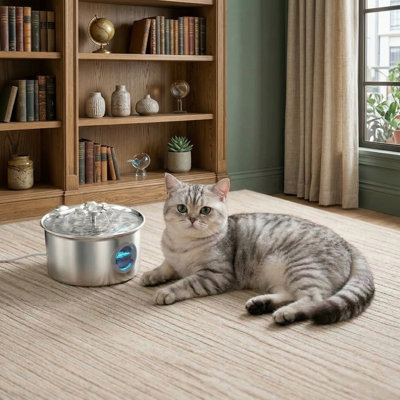 Ultra-Quiet Stainless Steel Cat Water Fountain, 88oz/2.6L with Flower Kitty Spout & LED Blue Light, Water Level Window, for Indoor Cats & Dogs, Silver