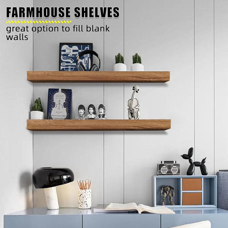 Tablettes murales flottantes rustiques en bois de paulownia rustique pour le rangement, chêne miel (ensemble de 2), Beige