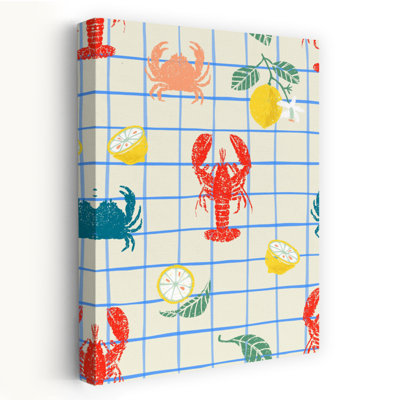 Summer Seafood Plaid Rustic Crab Lobster Coastal Wall Art Print