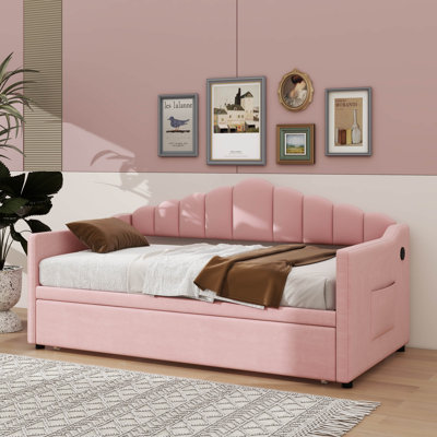 Upholstered Twin Daybed with Height-Adjustable Pop-Up Trundle, USB & Type-C Ports