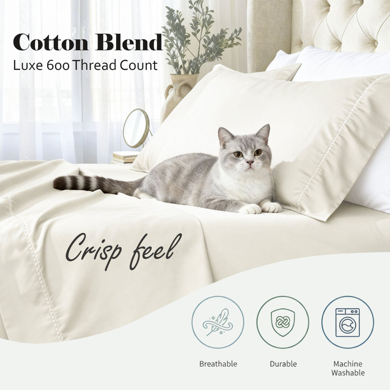 Imperia Cotton Blend 600 Thread Count Dash Stitch Embroidered Hem Deep Pocket Sheet Set, Navy Blue, Olympic Queen 4pc Set