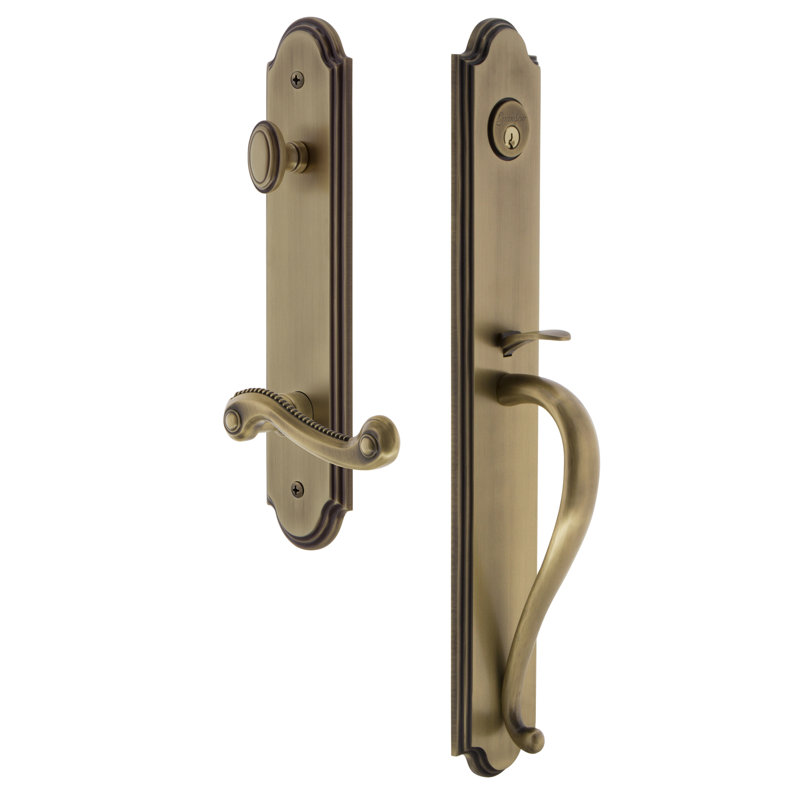 Arc One-Piece Handleset with Single Cylinder Deadbolt and S Grip with Newport Lever, Vintage Brass, 2.375", Right