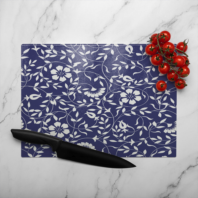 White Flowers On Glass Chopping Board, 28cm L x 20cm W