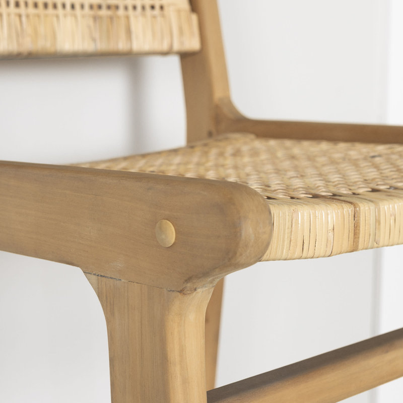 Natural Wood and Rattan Bohemian Bar Stools, Set of 2