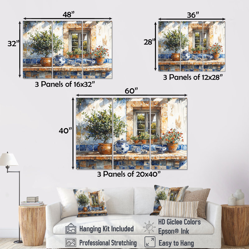 «Blue and Green Kitchen Greek Kitchen», ensemble d'art mural, H 28 po x l 36 po x P 1 po, Toile tendue