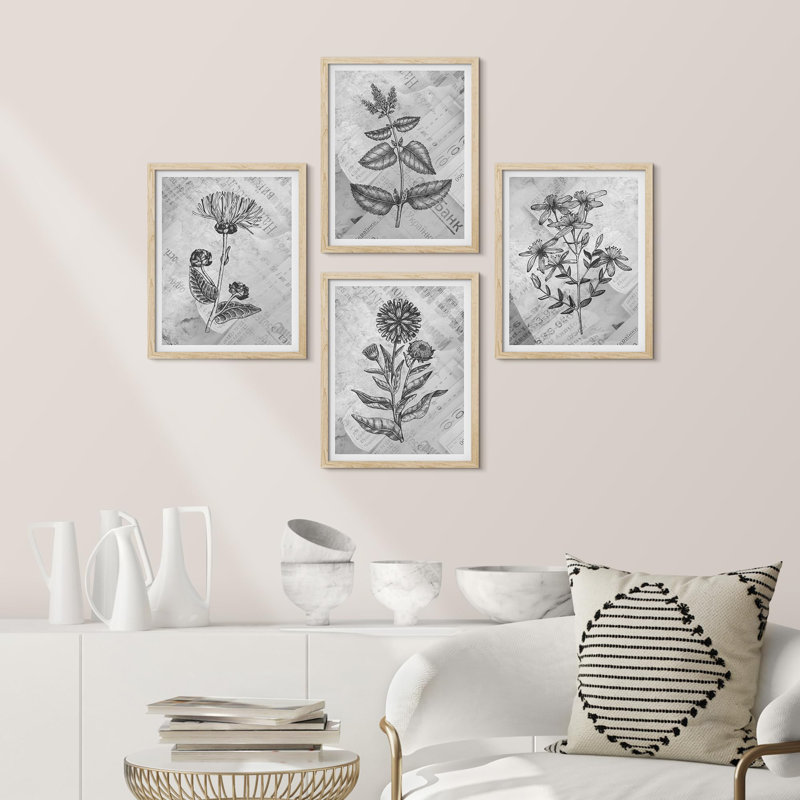 Abstract Black Flower Botanical - ensemble de 4 reproductions de cadres photo simples, Naturel, H 14 po x l 11 po
