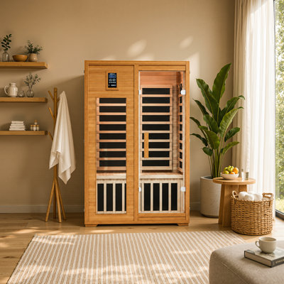 2-Person Indoor Far Infrared Sauna, Canadian Hemlock Wood Sauna Cabin with Low EMF Heating Panels, Dual Bluetooth Control, Chromotherapy Light & Oxygen Bar, ETL FCC Certified
