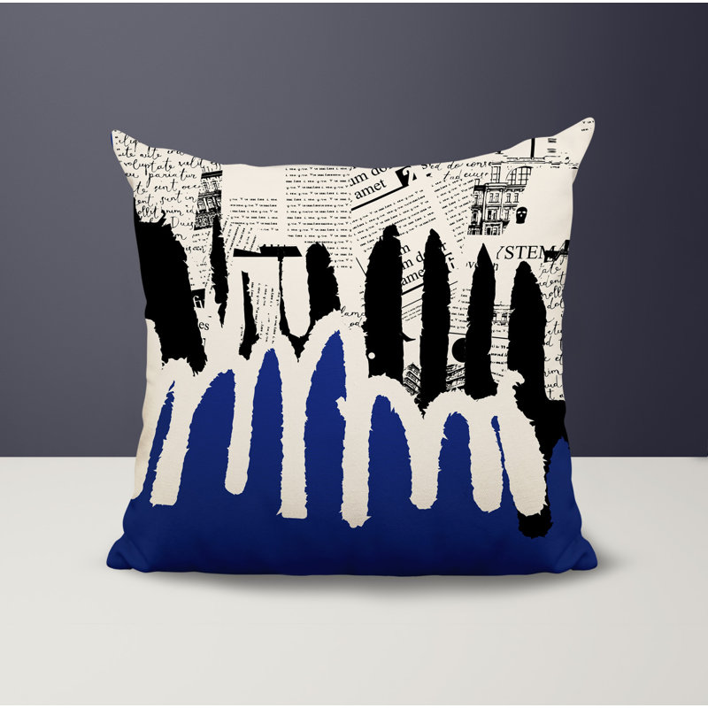 Oreiller carré réversible intérieur / extérieur Kisha, Bleu marine / noir / blanc cassé abstrait, H 15 po x l 15 po