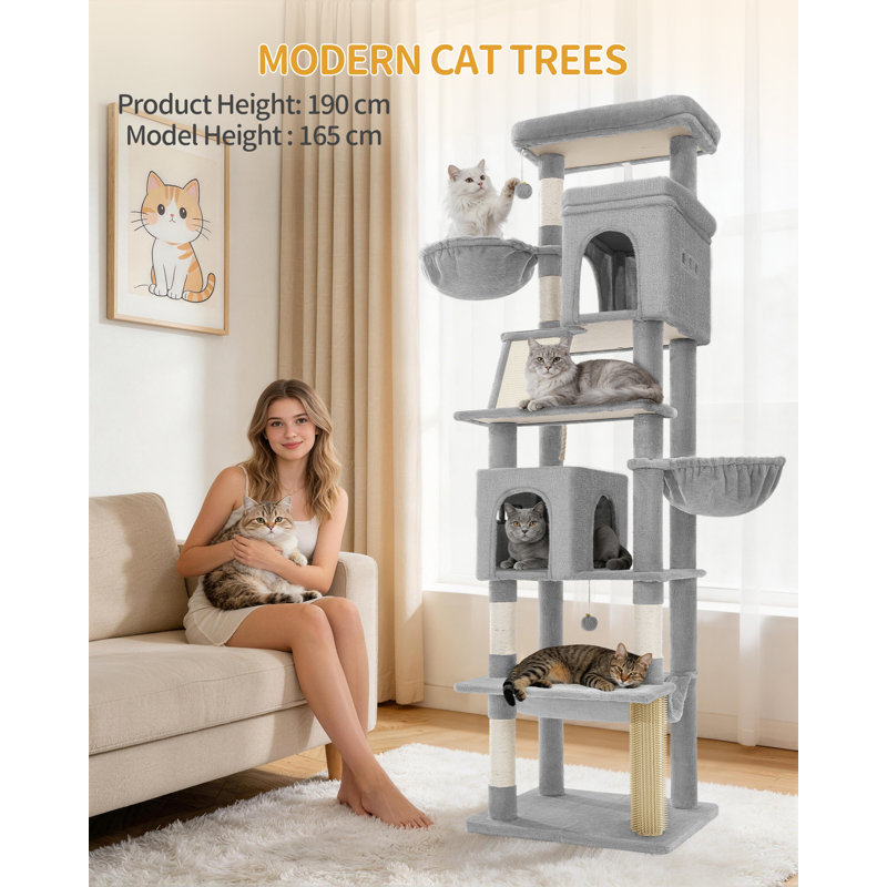 190cm/213cm Large Cat Tree Tower, Cat Tree for Indoor Cats, Climbing Tower for Large Cats, 5 Scratching Post, 2 Large Platform, 2 Caves, 2 Baskets, Stairs, Hammocks