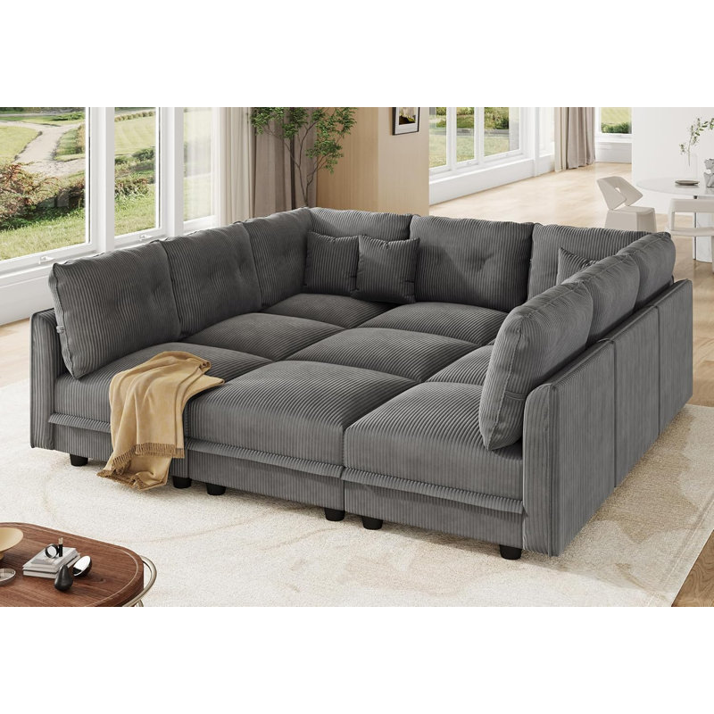 Degennaro 9 Seat Corduroy Convertible Modular Sectional Sleeper With Storage, Gray Corduroy