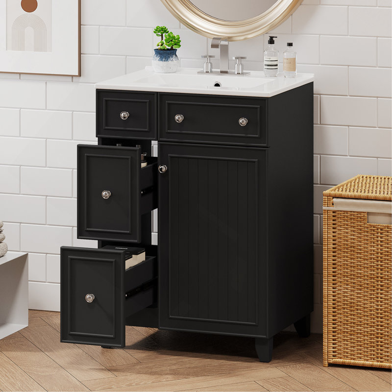 24" Bathroom Vanity with Ceramic Sink, 2 Drawers and 1 Door, Black