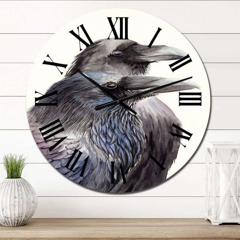 Deux corbeaux noirs avec des plumes noires et bleues - Horloge murale traditionnelle, Petit