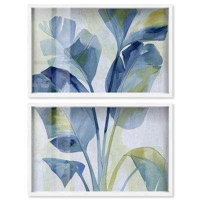 Indigo Fronds III Shadowbox Print Blue Floral Bedroom Art by Art Remedy, Set of 2