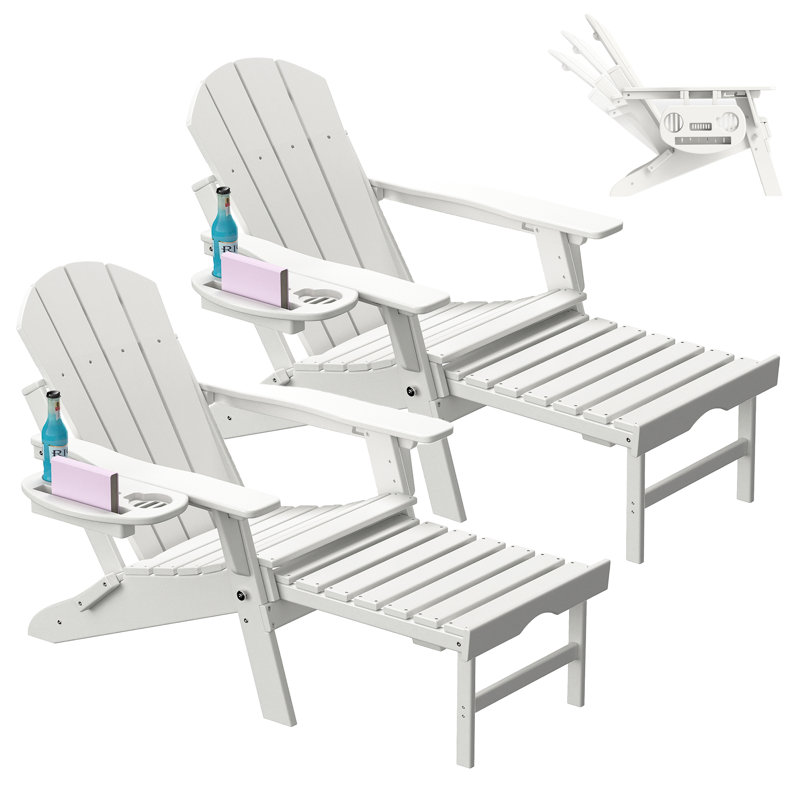 Celese HDPE Folding and Adjustable Adirondack Chair with Ottoman (Set of 2), White