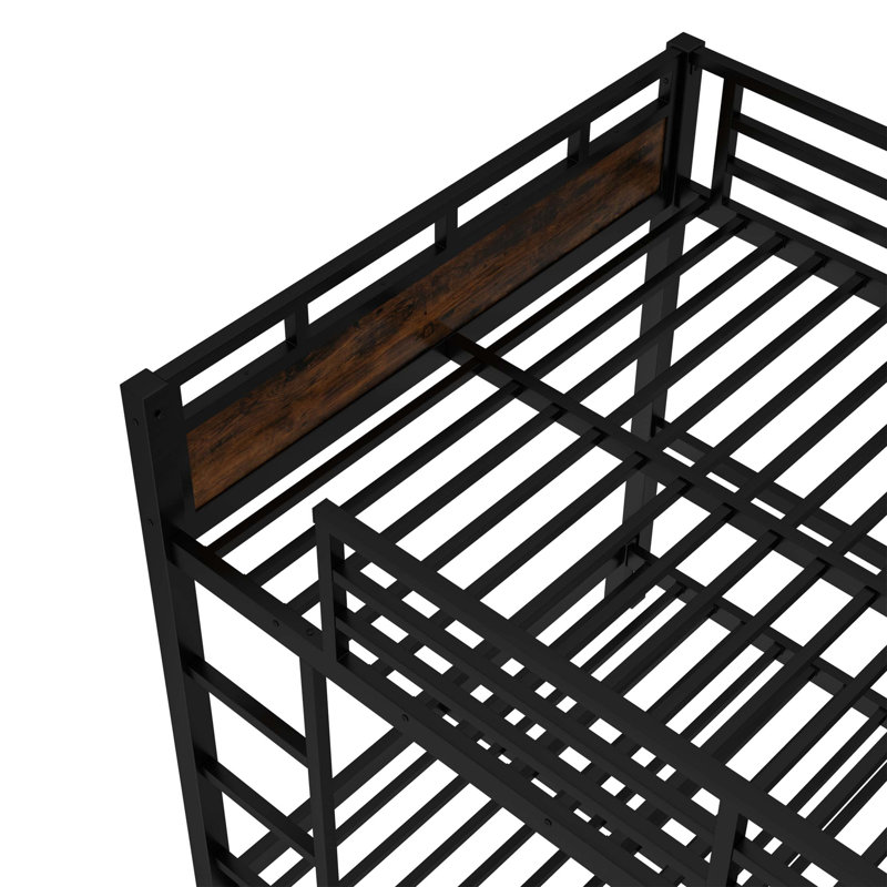 Lit superposé en métal / lit mezzanine en métal et lits plateforme en métal, avec clôture de sécurité surélevée, bois rétro