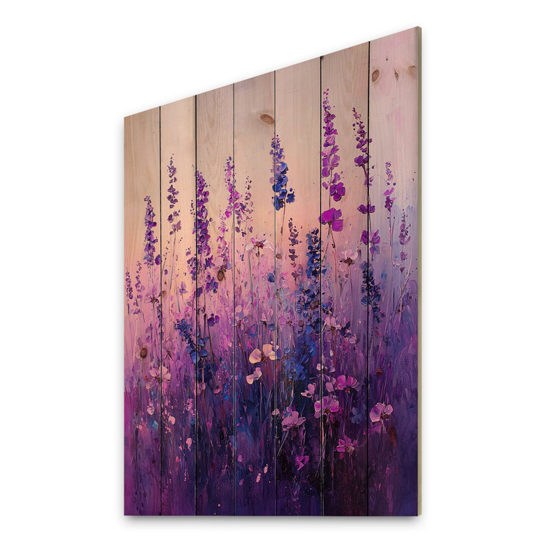 Wildflower Dreams In Violet Surrealism II - Wildflowers Wood Wall Art - On Natural Pine Wood, 20" H x 10" W x 0.78" D