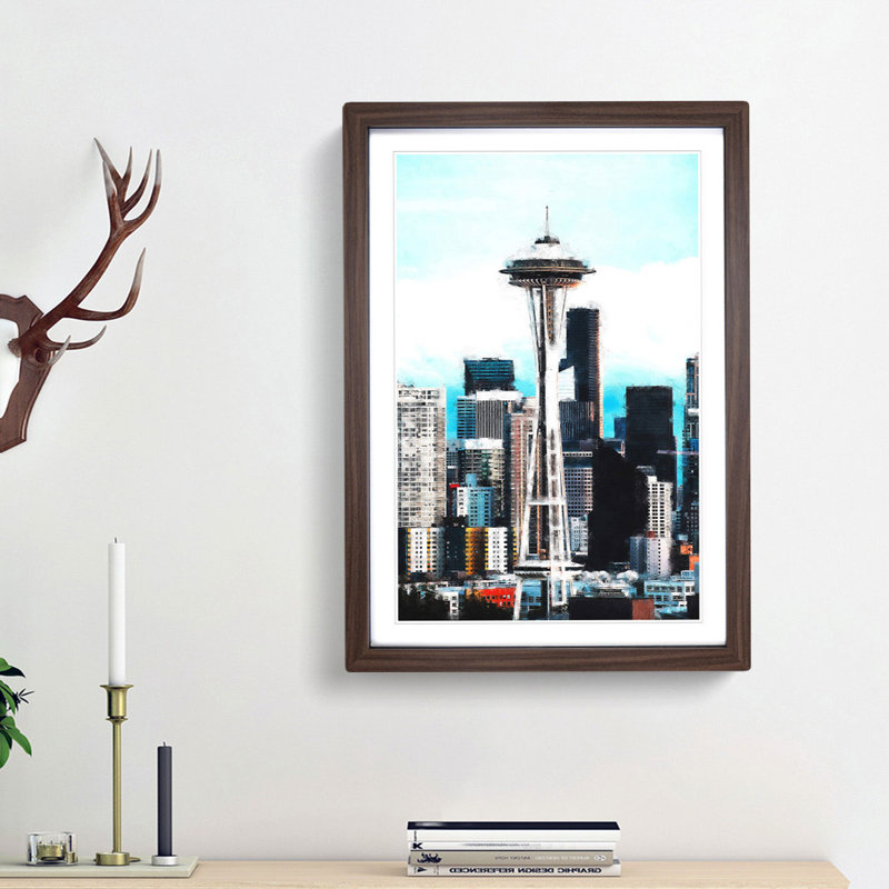 Space Needle In Seattle Washington Painting - Picture Frame Graphic Art, Walnut Framed, 87cm H x 62cm W x 2cm D