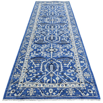 Tapis de couloir large 4 pi 3 po x 11 po 9 po bleu cobalt fin avec motif Heriz, tissage dense en laine biologique tissée dense et tissé à la main 372ADC8475B64B859013C0D18DCF73DB