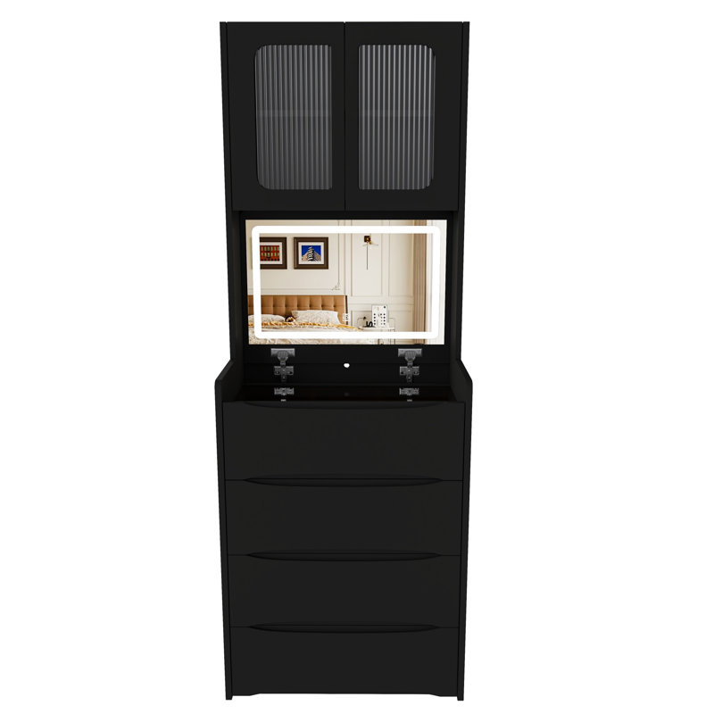 Coiffeuse noire à abattant avec miroir DEL lumineux, armoire supérieure vitrée, plusieurs tiroirs de rangement et tabouret rembourré - Meuble de chambre multifonctionnel