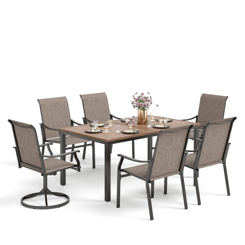 6-Person Rectangle Outdoor Patio Dining Set Wood-Like Metal Table With Swivel Chairs