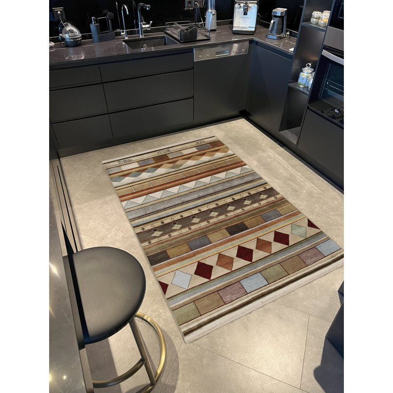 Tapis décoratif beige multicolore à motifs géométriques multicolores, Rectangle 4 pi 7,12 po x 6 pi 6,74 po