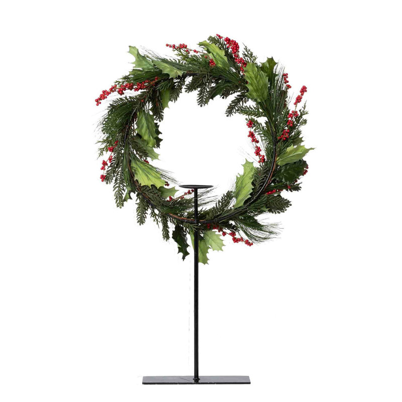 Pine and Holly Wreath on Candle Stand, 32" H x 32" W x 6" D