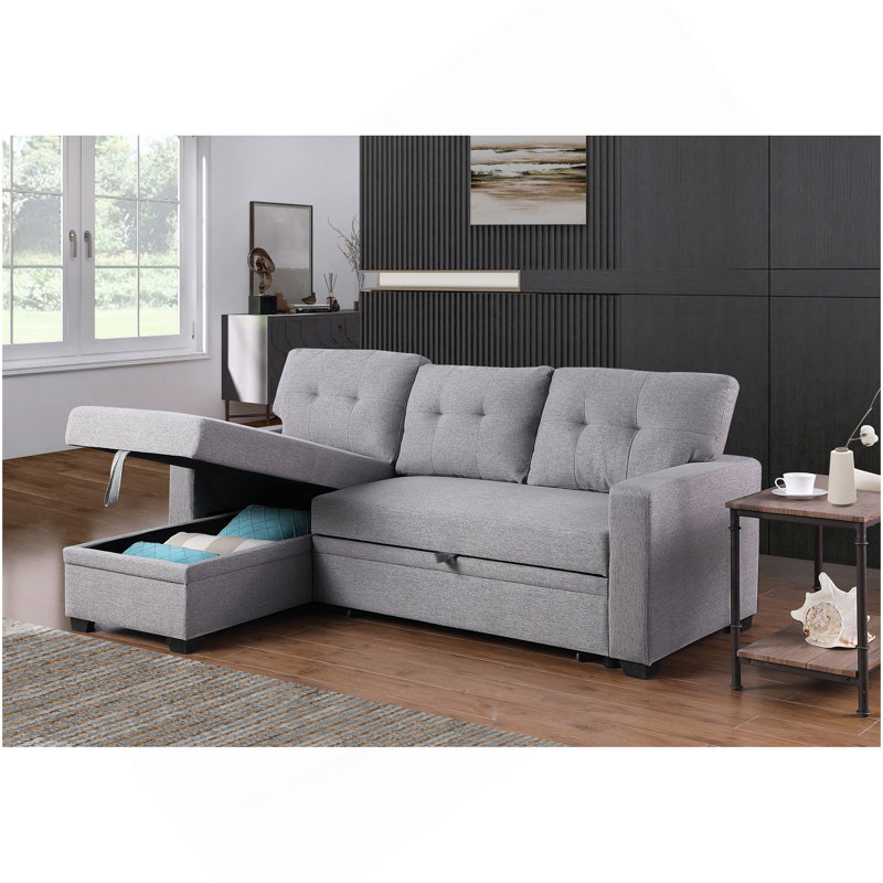 Upholstered Pull Out Sectional Sofa With Chaise, Light Gray