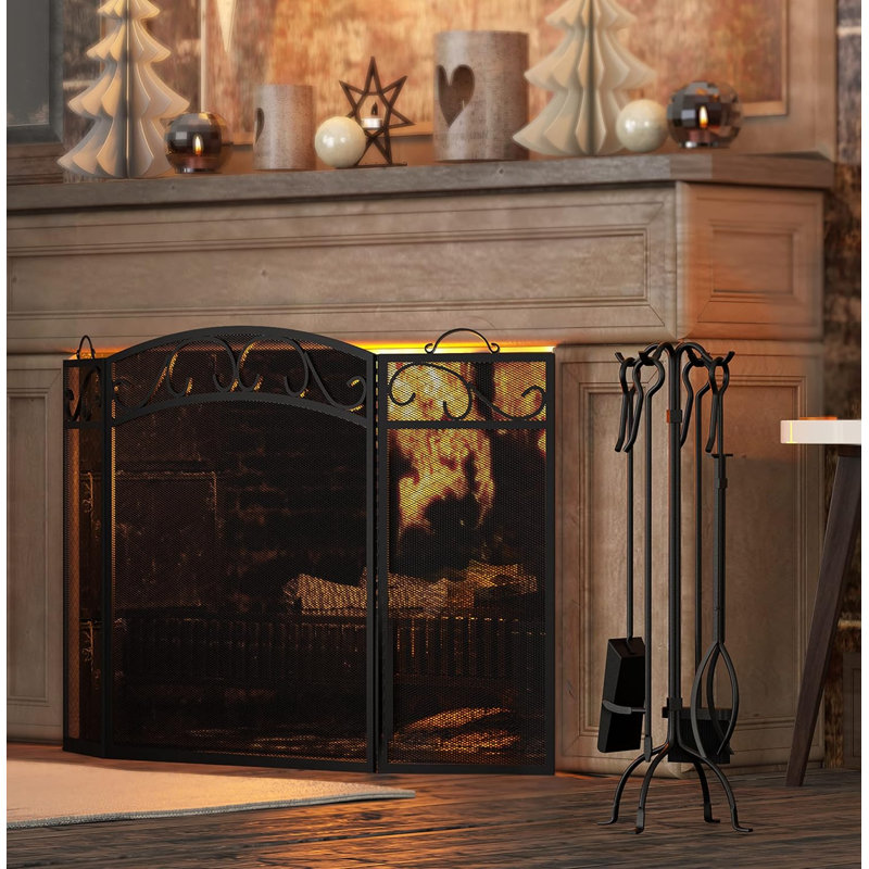 Pare-étincelles 3 panneaux avec poignées en fer forgé 51 "(L) X31 (H), 31" H x 51" W x 1.2" D, Noir