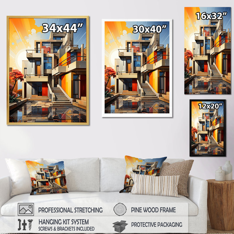 Coucher de soleil sur les hôtels, reproduction sur toile, Cadre flottant noir, H 44 po x l 34 po x P 1,5 po