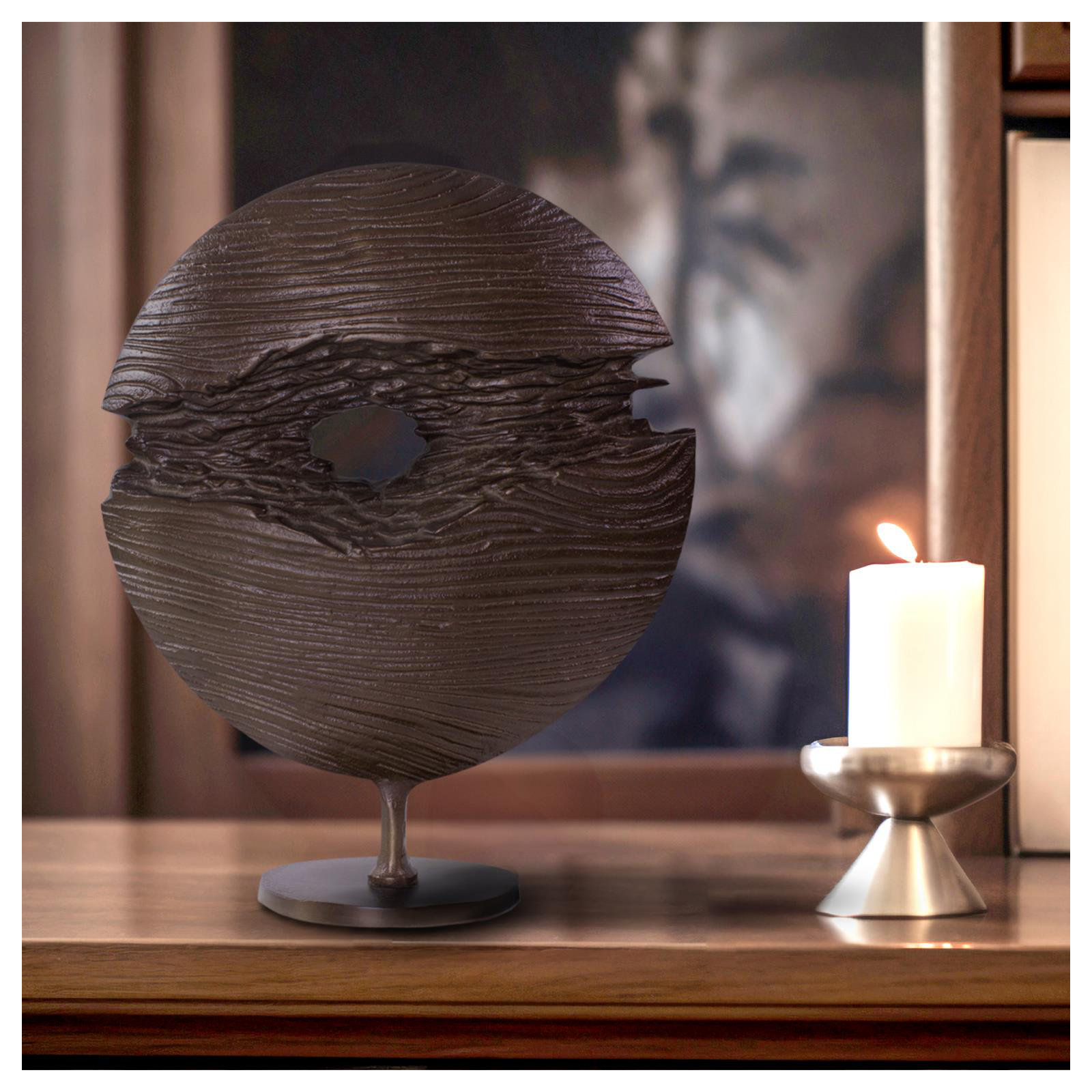 Berken Round Sculpture in a Bronze Finished Cast Aluminum