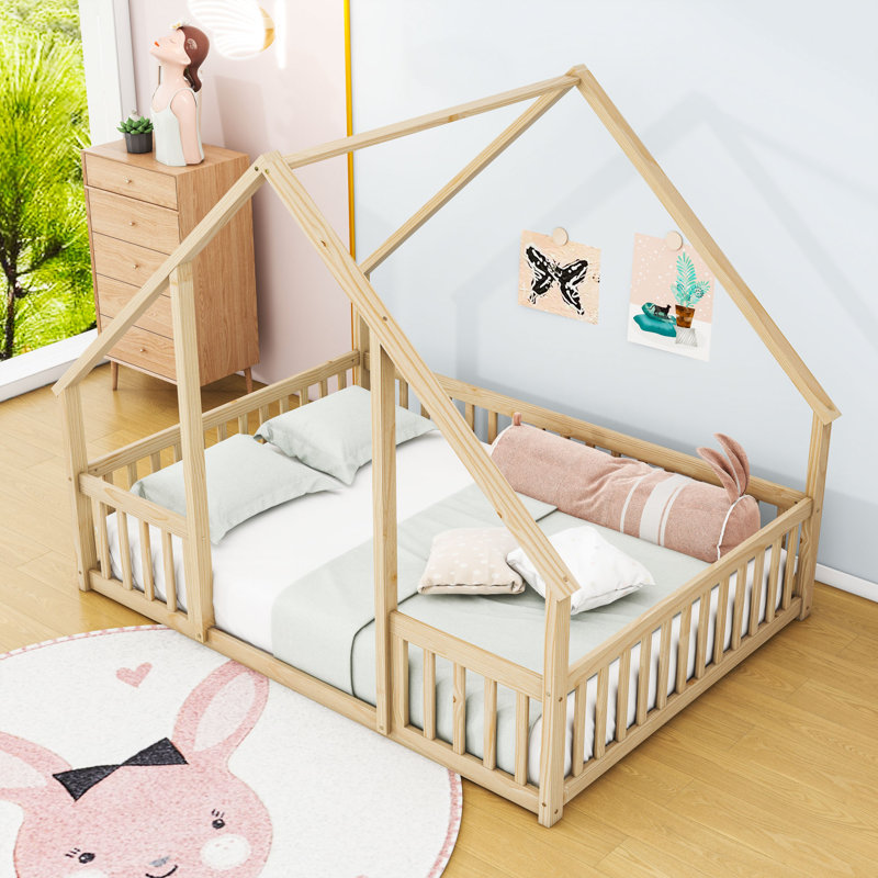 Wood House-Shaped Floor Bed With Guardrails, Natural, Full