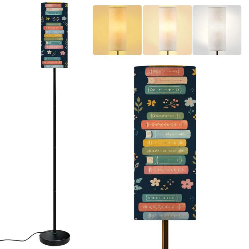  68.5" Standing Floor Lamp Colorful Bookshelf Seamless Illustrated Books Plants Dimmable Metal Pole Lamp with Linen Lampshade LED Bulb Included