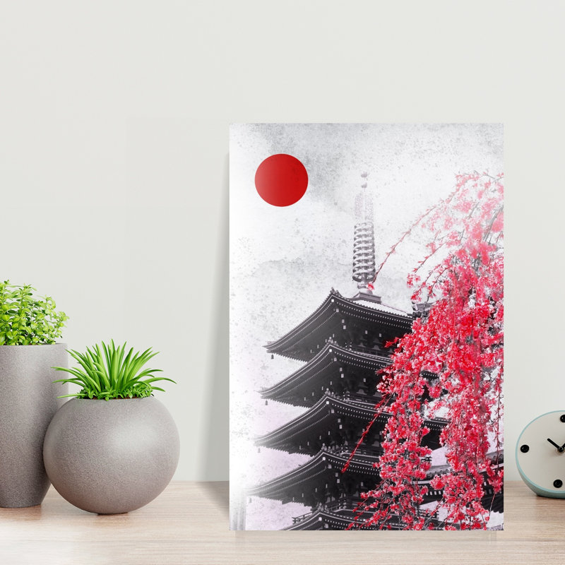 Japanese Pagoda Cherry Blossoms Contemporary Wall Art Print 1 Piece Wrapped Canvas Wall Art, 45.72cm H x 30.48cm W