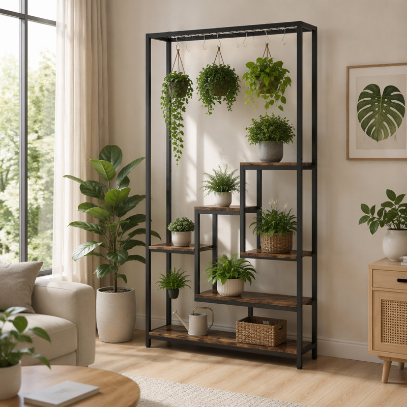 Support pour plante 70,9 ", grande tablette à bonsaï avec 6 crochets de suspension