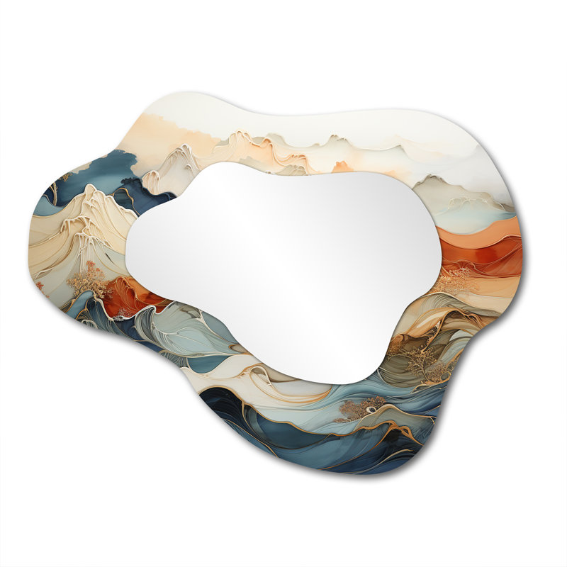 Abstrait abstrait orange et bleu River III - Miroir mural moderne abstrait en marbre, 27 po x 35 po