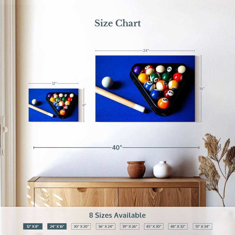 Boules de billard Senne sur table bleue, H 16 po x l 24 po