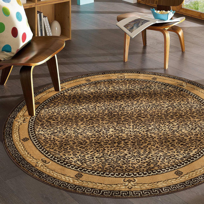 Tapis en polypropylène tissé à la machine imprimé animal en brun, Rond 4 pi 1 po