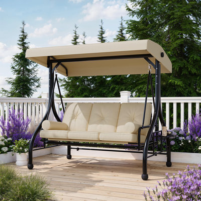 Balancelle d'extérieur, chaise de patio à 3 places avec auvent réglable, balançoire d'extérieur robuste avec plateaux porte-gobelets, coussin et coussins pour le patio