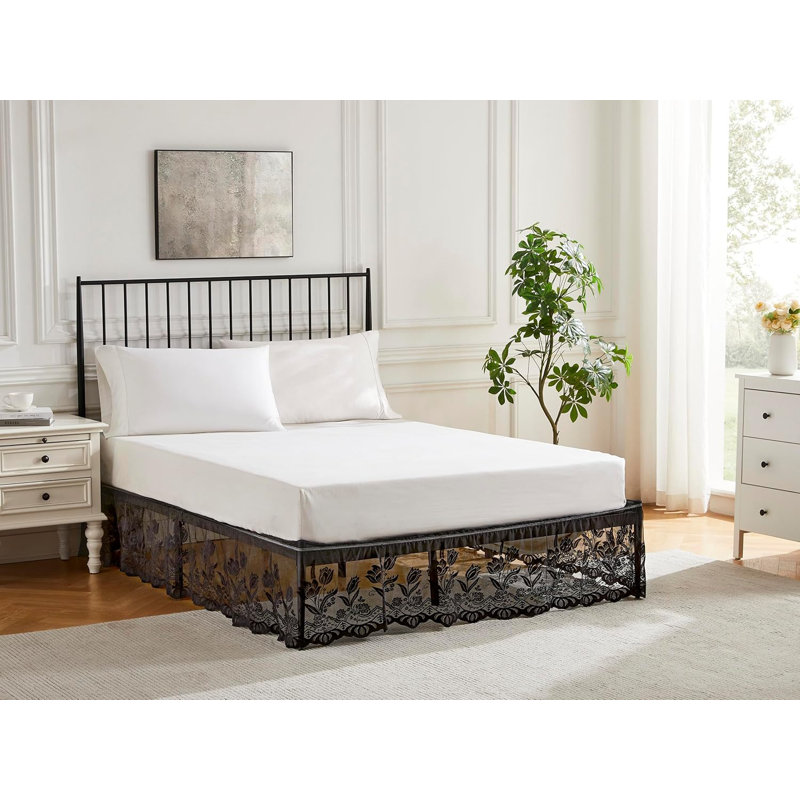 Lace Bed Skirt For Farmhouse Or Victorian Bedding. Dust Ruffle Bed Skirt For Any Bedroom Decor, King, Black