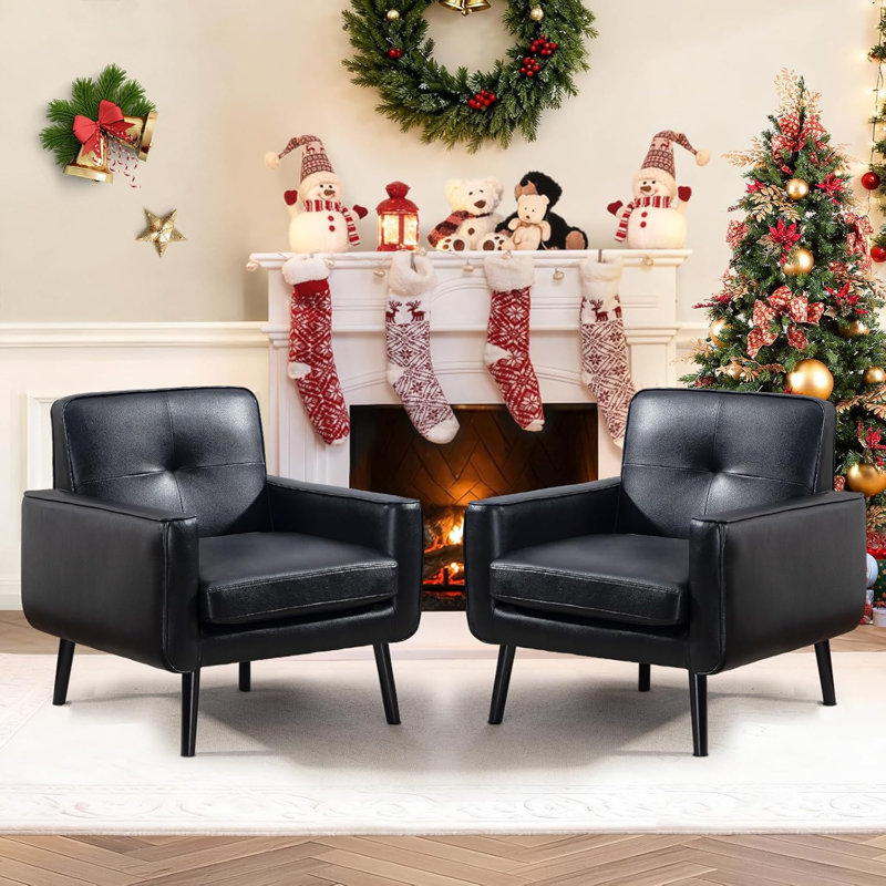 Cottle Mid Century Accent Chair Set Of 2, PU Leather Living Room Chairs with Wooden Frame, Cozy Armchair Reading Chair with Comfy Back for Apartment, Living Room, Bedroom, Waiting Room, Small Space, Corner