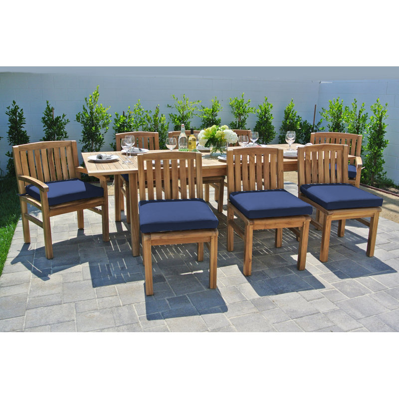 Huntington 9pc Teak Dining Set With Expansion Table Sunbrella Cushions, Navy Sunbrella®