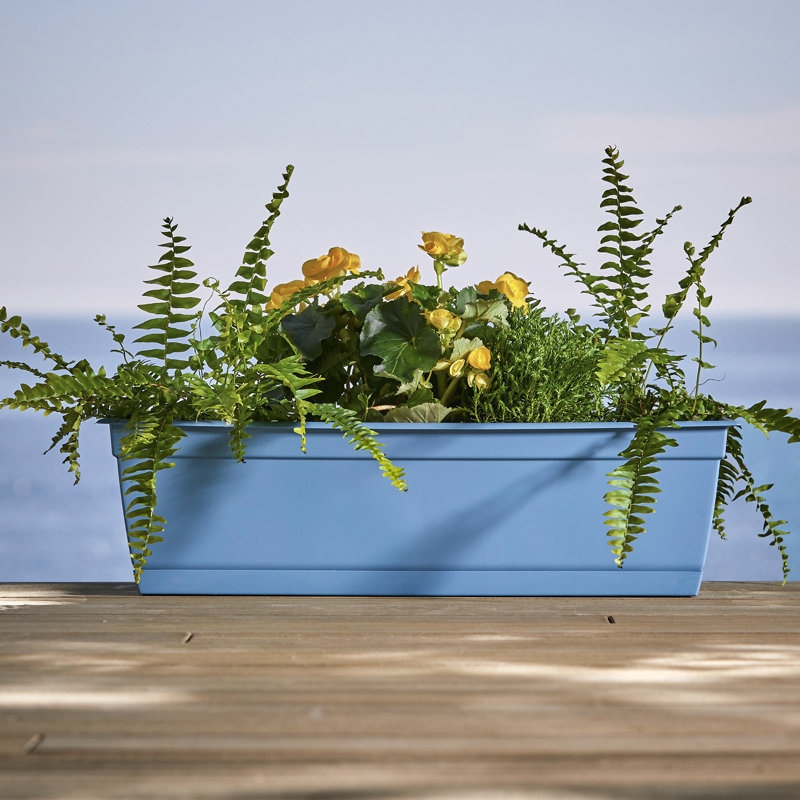 Dayton Traditional Recycled Plastic Indoor/Outdoor Rectangle Window Box Planter with Attached Saucer, Ocean Blue